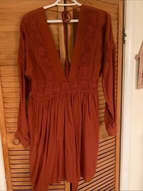 Free People Rust Orange Deep V Long-Sleeve Mini Dress